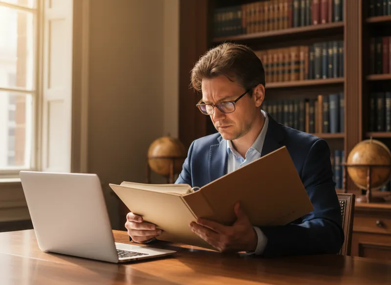 Labor lawyer reviews employment legislation in his office