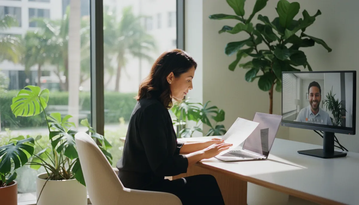 HR manager in Miami reviews a contract while on a video call with an employee in another country