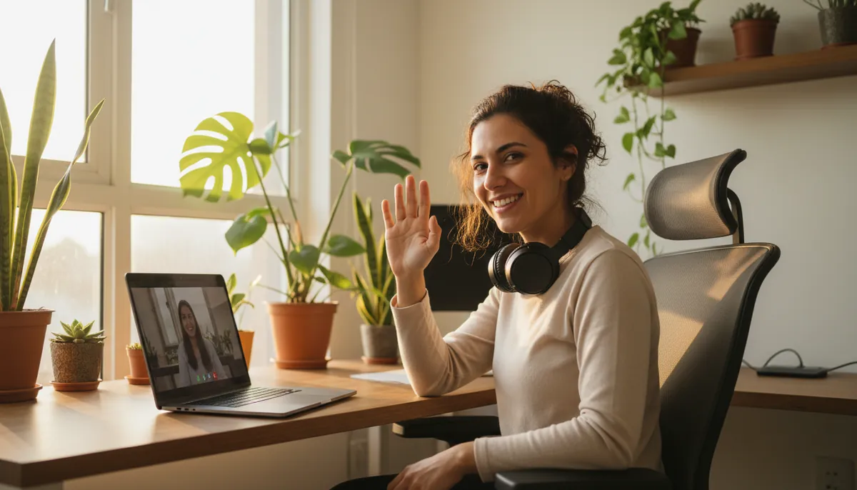 Engineer working from home in São Paulo waves to her team on a video call