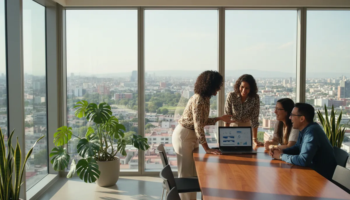 Team meeting in an office overlooking Mexico City