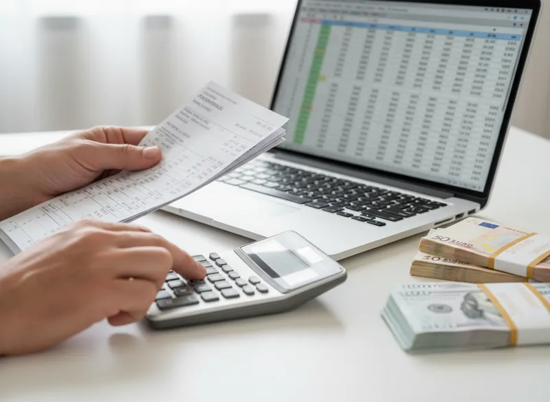 Payroll specialist reviews payslips and a spreadsheet