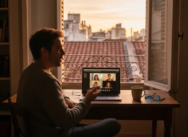 Developer working from home on a video call with his team